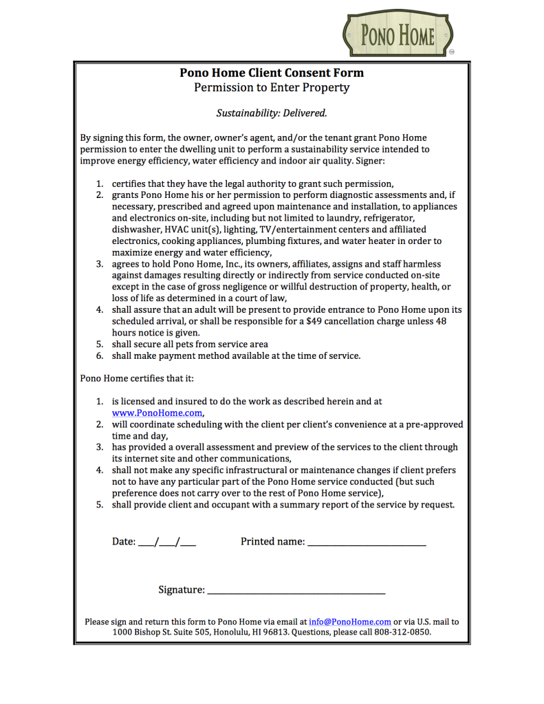 Pono Home Client Consent Form--Permission to Enter Property